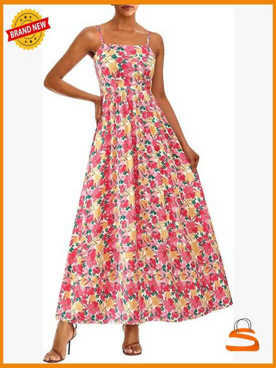 Dresses & Skirts - Spaghetti Strap Flowy Maxi Dress Square Neck Smocked Back Boho Wedding Guest